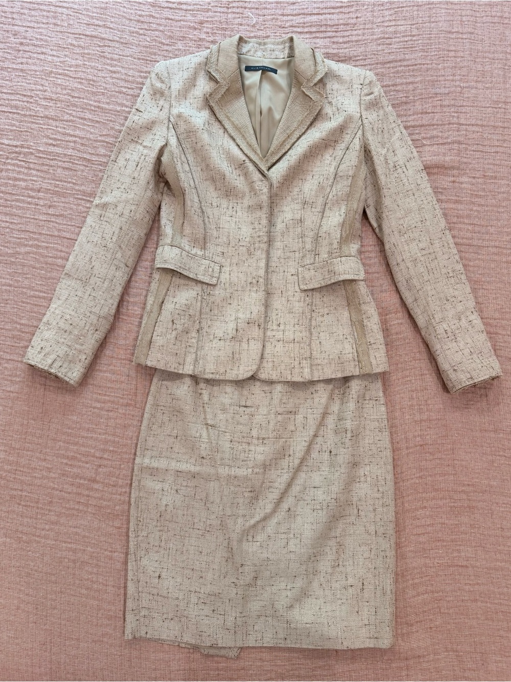 Elie Tahari Beige Tweed Skirt Suit Jacket Set